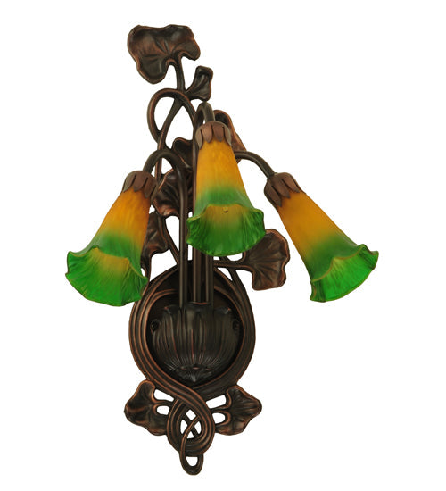 Meyda Lighting Pond Lily 11" 3-Light Mahogany Bronze Wall Sconce With Amber & Green Shade Glass