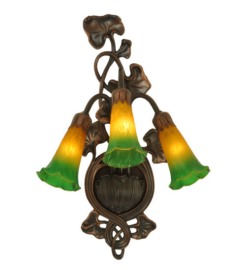 Meyda Lighting Pond Lily 11" 3-Light Mahogany Bronze Wall Sconce With Amber & Green Shade Glass