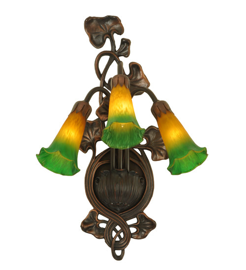 Meyda Lighting Pond Lily 11" 3-Light Mahogany Bronze Wall Sconce With Amber & Green Shade Glass