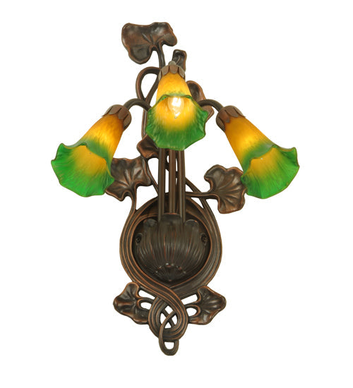 Meyda Lighting Pond Lily 11" 3-Light Mahogany Bronze Wall Sconce With Amber & Green Shade Glass