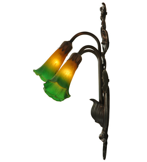 Meyda Lighting Pond Lily 11" 3-Light Mahogany Bronze Wall Sconce With Amber & Green Shade Glass