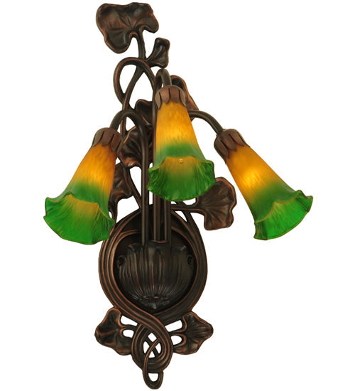 Meyda Lighting Pond Lily 11" 3-Light Mahogany Bronze Wall Sconce With Amber & Green Shade Glass