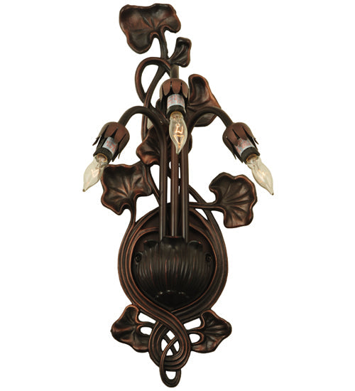 Meyda Lighting Pond Lily 11" 3-Light Mahogany Bronze Wall Sconce With Amber & Purple Shade Glass