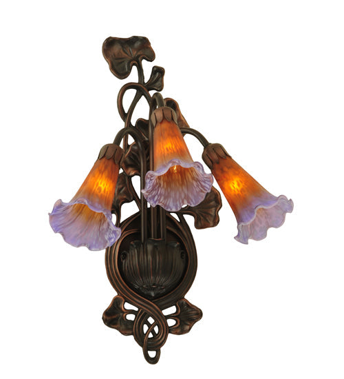 Meyda Lighting Pond Lily 11" 3-Light Mahogany Bronze Wall Sconce With Amber & Purple Shade Glass
