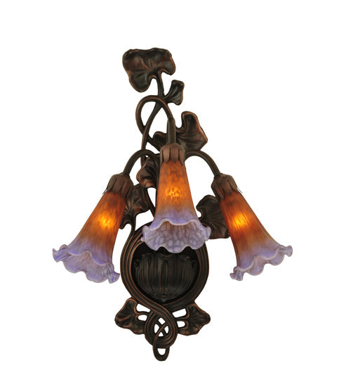 Meyda Lighting Pond Lily 11" 3-Light Mahogany Bronze Wall Sconce With Amber & Purple Shade Glass