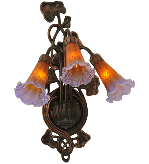 Meyda Lighting Pond Lily 11" 3-Light Mahogany Bronze Wall Sconce With Amber & Purple Shade Glass
