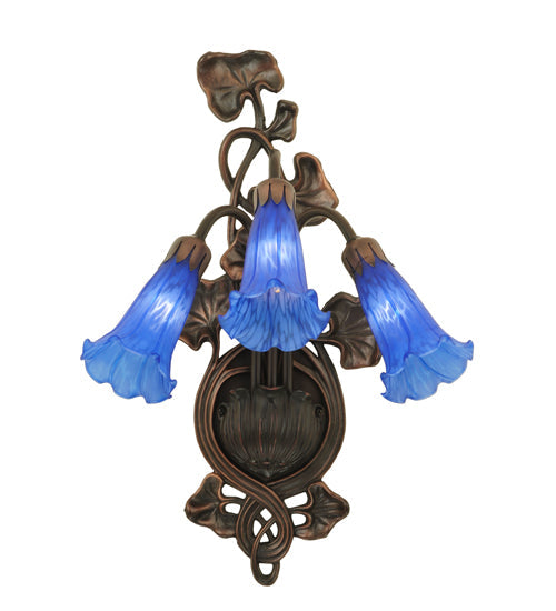 Meyda Lighting Pond Lily 11" 3-Light Mahogany Bronze Wall Sconce With Blue Shade Glass