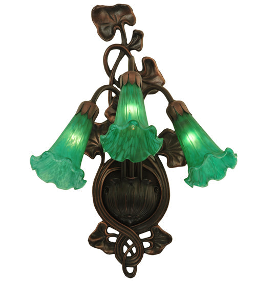 Meyda Lighting Pond Lily 11" 3-Light Mahogany Bronze Wall Sconce With Green Shade Glass