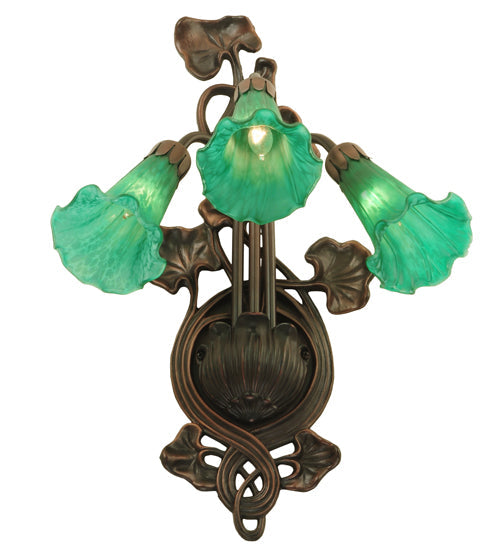 Meyda Lighting Pond Lily 11" 3-Light Mahogany Bronze Wall Sconce With Green Shade Glass
