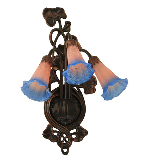 Meyda Lighting Pond Lily 11" 3-Light Mahogany Bronze Wall Sconce With Pink & Blue Shade Glass