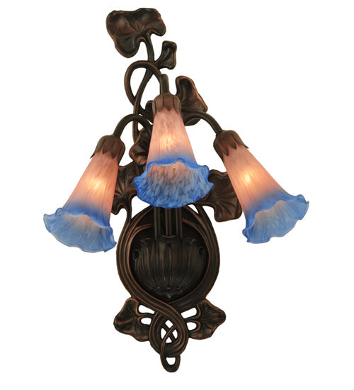 Meyda Lighting Pond Lily 11" 3-Light Mahogany Bronze Wall Sconce With Pink & Blue Shade Glass