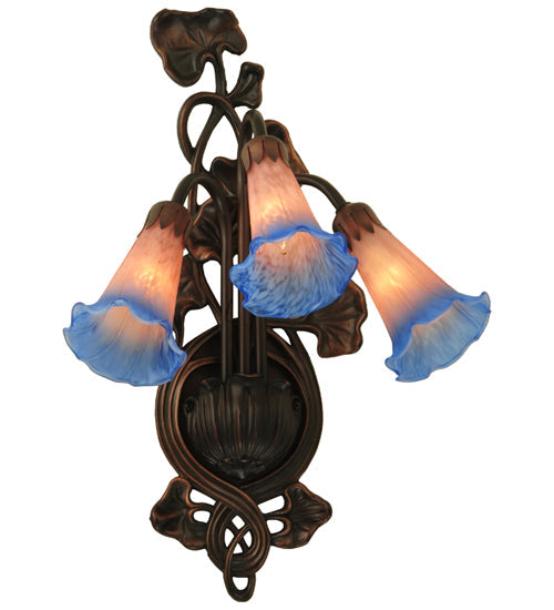 Meyda Lighting Pond Lily 11" 3-Light Mahogany Bronze Wall Sconce With Pink & Blue Shade Glass