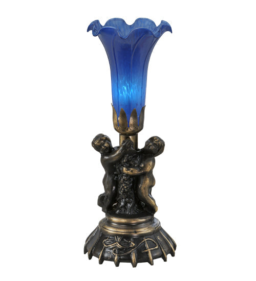 Meyda Lighting Pond Lily 12" Mahogany Bronze Twin Cherub Mini Table Lamp With Blue Shade Glass