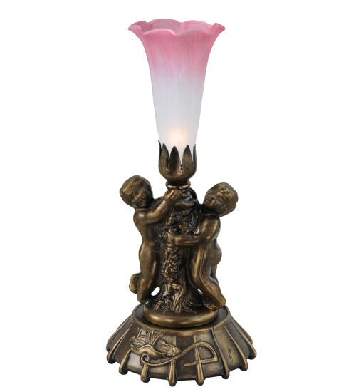 Meyda Lighting Pond Lily 12" Mahogany Bronze Twin Cherub Mini Table Lamp With Pink and White Shade Glass