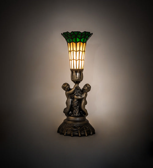 Meyda Lighting Pond Lily 13" Antique Brass Accent Table Lamp With Amber & Green Shade Glass