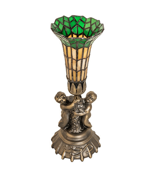 Meyda Lighting Pond Lily 13" Antique Brass Accent Table Lamp With Amber & Green Shade Glass