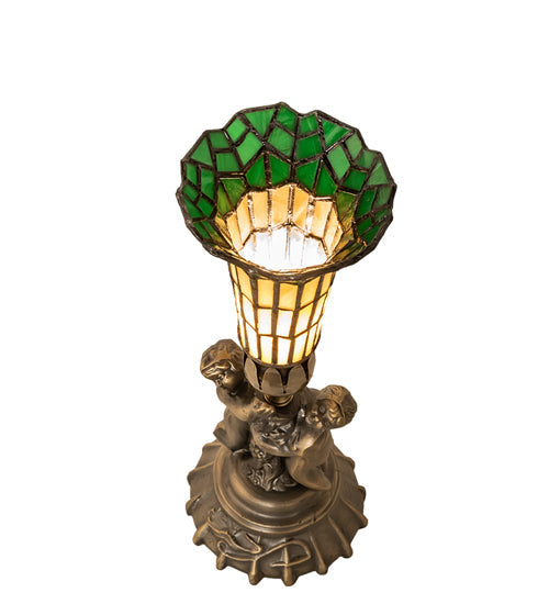 Meyda Lighting Pond Lily 13" Antique Brass Accent Table Lamp With Amber & Green Shade Glass