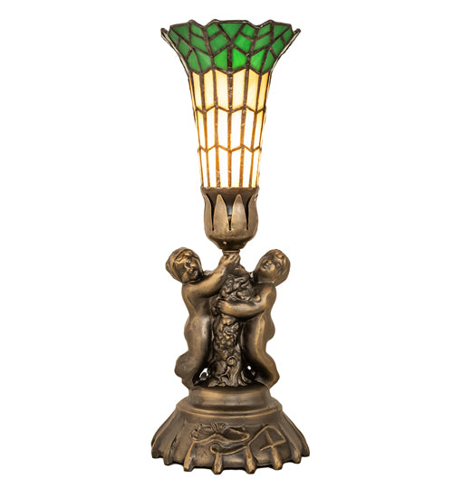 Meyda Lighting Pond Lily 13" Antique Brass Accent Table Lamp With Amber & Green Shade Glass