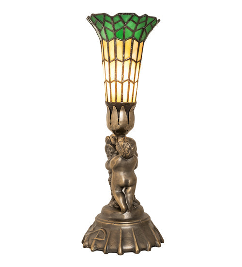 Meyda Lighting Pond Lily 13" Antique Brass Accent Table Lamp With Amber & Green Shade Glass