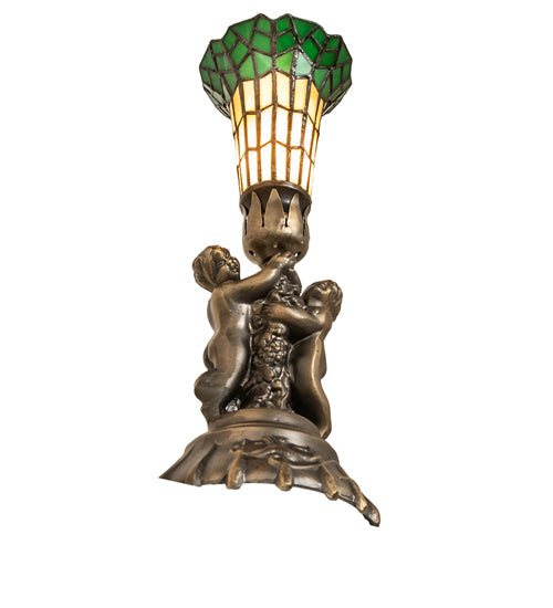 Meyda Lighting Pond Lily 13" Antique Brass Accent Table Lamp With Amber & Green Shade Glass