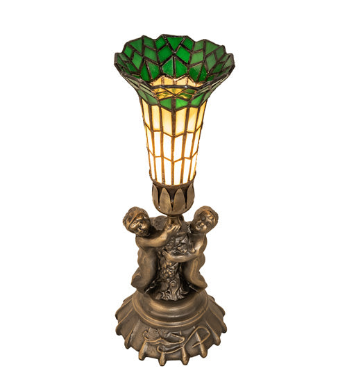 Meyda Lighting Pond Lily 13" Antique Brass Accent Table Lamp With Amber & Green Shade Glass