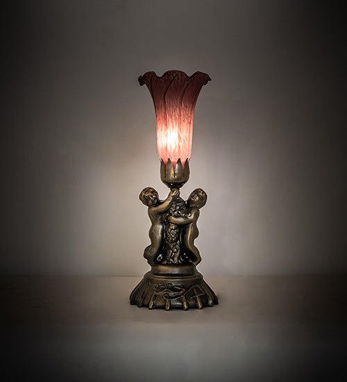 Meyda Lighting Pond Lily 13" Antique Brass Twin Cherub Table Lamp With Lavander Shade Glass