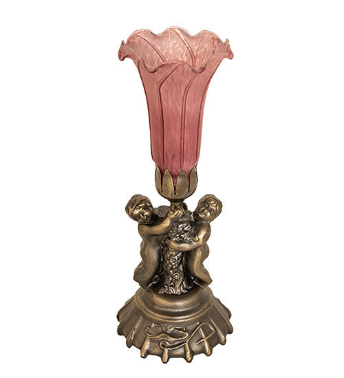 Meyda Lighting Pond Lily 13" Antique Brass Twin Cherub Table Lamp With Lavander Shade Glass