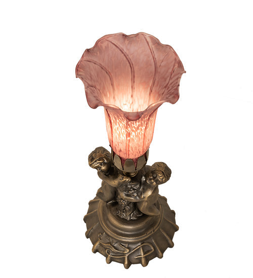 Meyda Lighting Pond Lily 13" Antique Brass Twin Cherub Table Lamp With Lavander Shade Glass