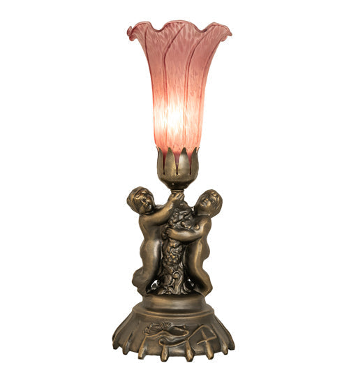 Meyda Lighting Pond Lily 13" Antique Brass Twin Cherub Table Lamp With Lavander Shade Glass