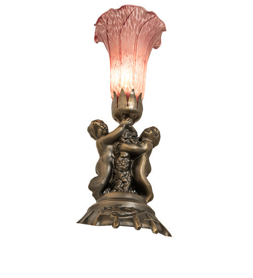Meyda Lighting Pond Lily 13" Antique Brass Twin Cherub Table Lamp With Lavander Shade Glass