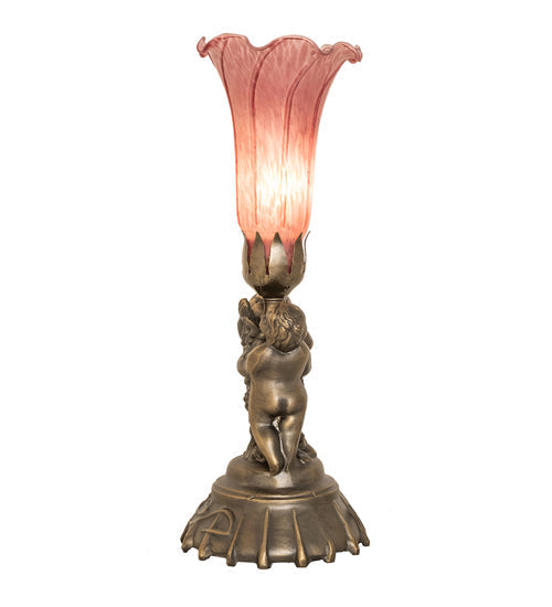 Meyda Lighting Pond Lily 13" Antique Brass Twin Cherub Table Lamp With Lavander Shade Glass