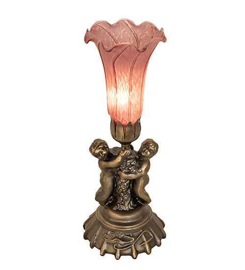 Meyda Lighting Pond Lily 13" Antique Brass Twin Cherub Table Lamp With Lavander Shade Glass