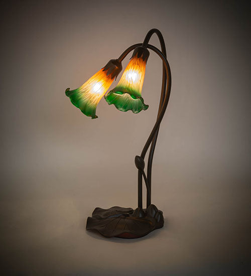 Meyda Lighting Pond Lily 16" 2-Light Mahogany Bronze Accent Table Lamp With Amber and Green Shade Glass