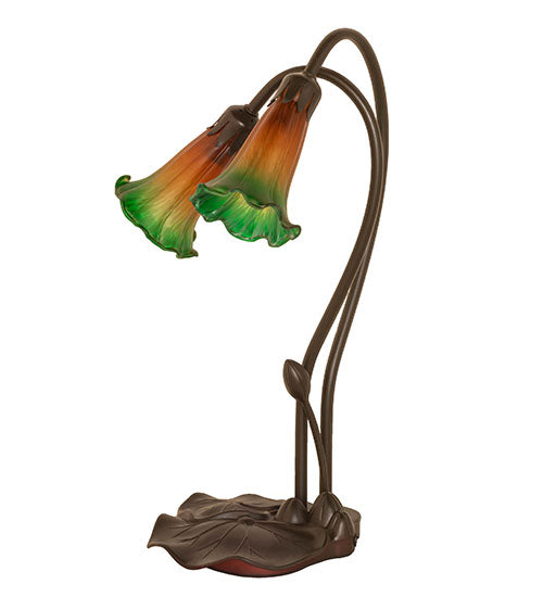 Meyda Lighting Pond Lily 16" 2-Light Mahogany Bronze Accent Table Lamp With Amber and Green Shade Glass