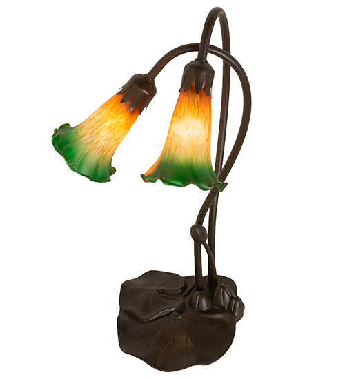 Meyda Lighting Pond Lily 16" 2-Light Mahogany Bronze Accent Table Lamp With Amber and Green Shade Glass