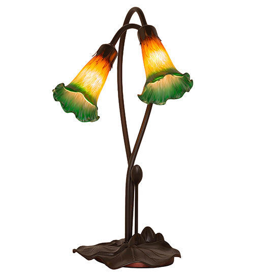 Meyda Lighting Pond Lily 16" 2-Light Mahogany Bronze Accent Table Lamp With Amber and Green Shade Glass