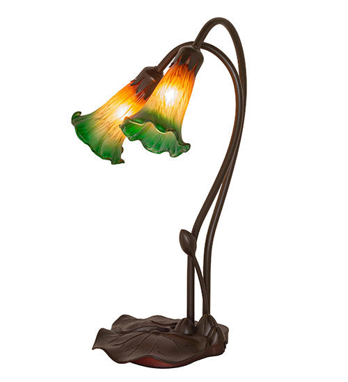 Meyda Lighting Pond Lily 16" 2-Light Mahogany Bronze Accent Table Lamp With Amber and Green Shade Glass