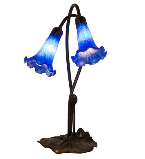 Meyda Lighting Pond Lily 16" 2-Light Mahogany Bronze Accent Table Lamp With Blue Shade Glass