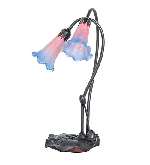 Meyda Lighting Pond Lily 16" 2-Light Mahogany Bronze Accent Table Lamp With Pink and Blue Shade Glass