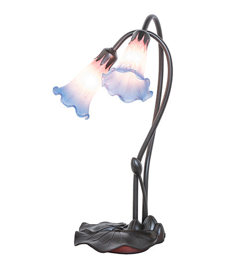 Meyda Lighting Pond Lily 16" 2-Light Mahogany Bronze Accent Table Lamp With Pink and Blue Shade Glass