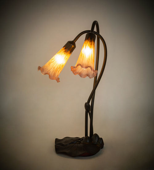 Meyda Lighting Pond Lily 16" 2-Light Mahogany Bronze Table Lamp With Amber and Purple Shade Glass