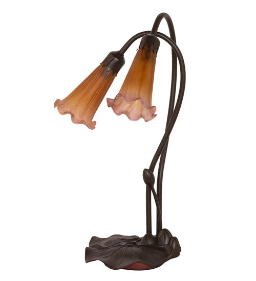 Meyda Lighting Pond Lily 16" 2-Light Mahogany Bronze Table Lamp With Amber and Purple Shade Glass