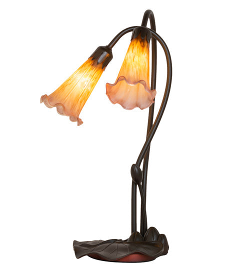 Meyda Lighting Pond Lily 16" 2-Light Mahogany Bronze Table Lamp With Amber and Purple Shade Glass
