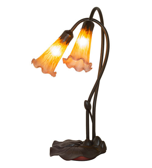 Meyda Lighting Pond Lily 16" 2-Light Mahogany Bronze Table Lamp With Amber and Purple Shade Glass