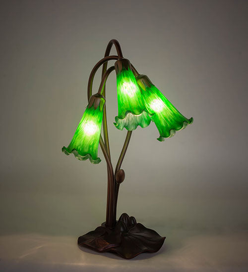 Meyda Lighting Pond Lily 16" 3-Light Mahogany Bronze Accent Table Lamp With Green Shade Glass
