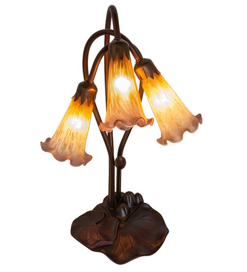 Meyda Lighting Pond Lily 16" 3-Light Mahogany Bronze Table Lamp With Amber and Purple Shade Glass