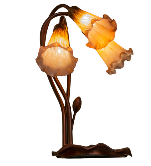 Meyda Lighting Pond Lily 16" 3-Light Mahogany Bronze Table Lamp With Amber and Purple Shade Glass