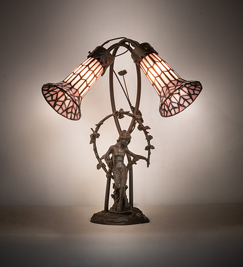 Meyda Lighting Pond Lily 17" 2-Light Mahogany Bronze Trellis Girl Accent Table Lamp With Pink Stained Shade Glass