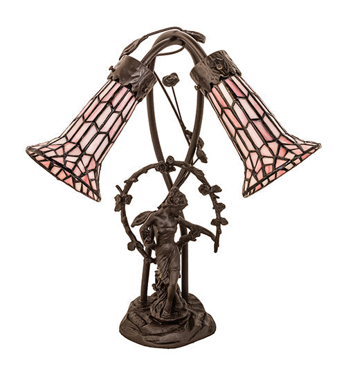 Meyda Lighting Pond Lily 17" 2-Light Mahogany Bronze Trellis Girl Accent Table Lamp With Pink Stained Shade Glass
