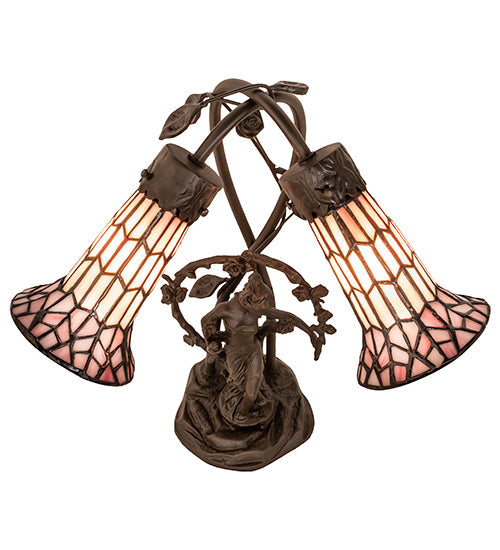 Meyda Lighting Pond Lily 17" 2-Light Mahogany Bronze Trellis Girl Accent Table Lamp With Pink Stained Shade Glass